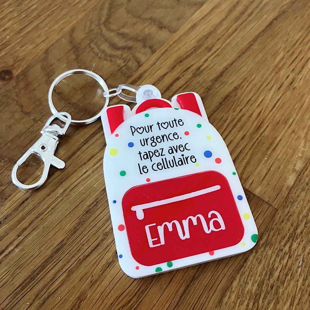 Porte - clé sac à dos avec prénom et numéro d'urgence - Les Zacôtés d’Emilie