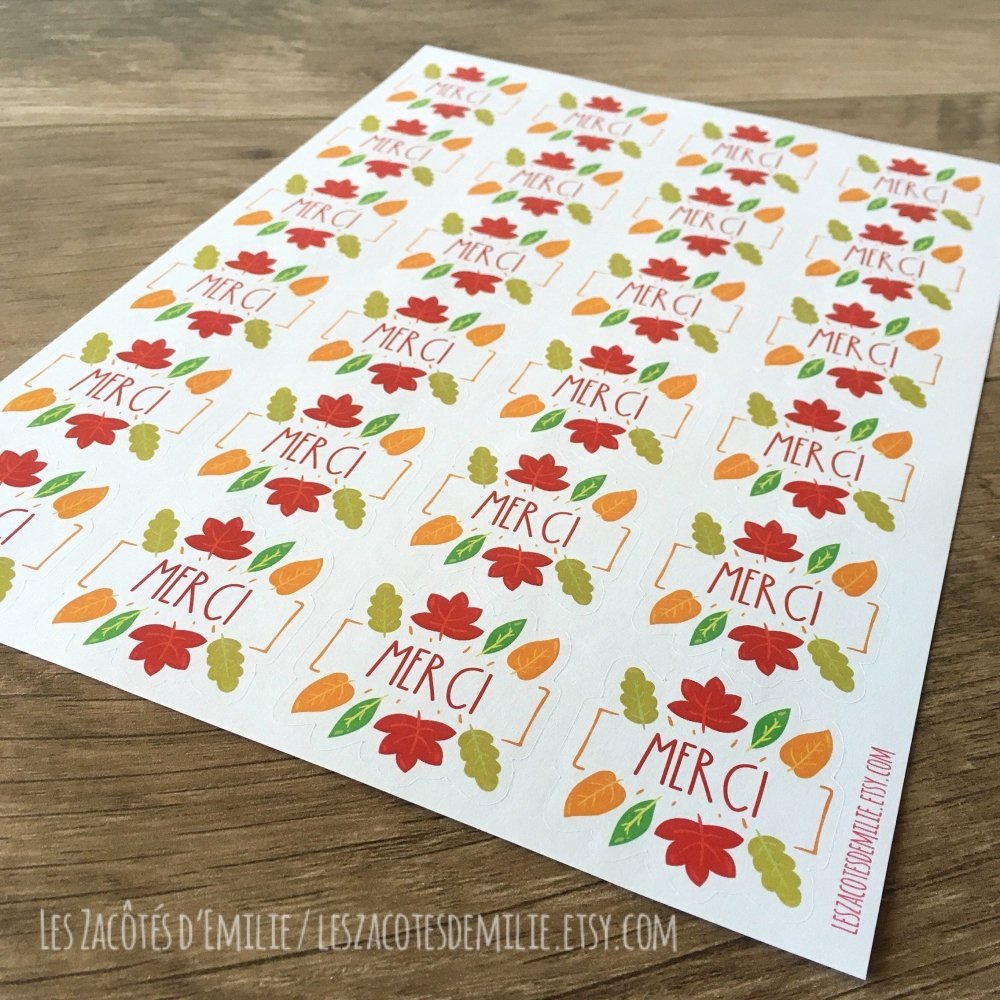 Autocollants en papier "Merci" avec feuilles d'automne - Les Zacôtés d’Emilie
