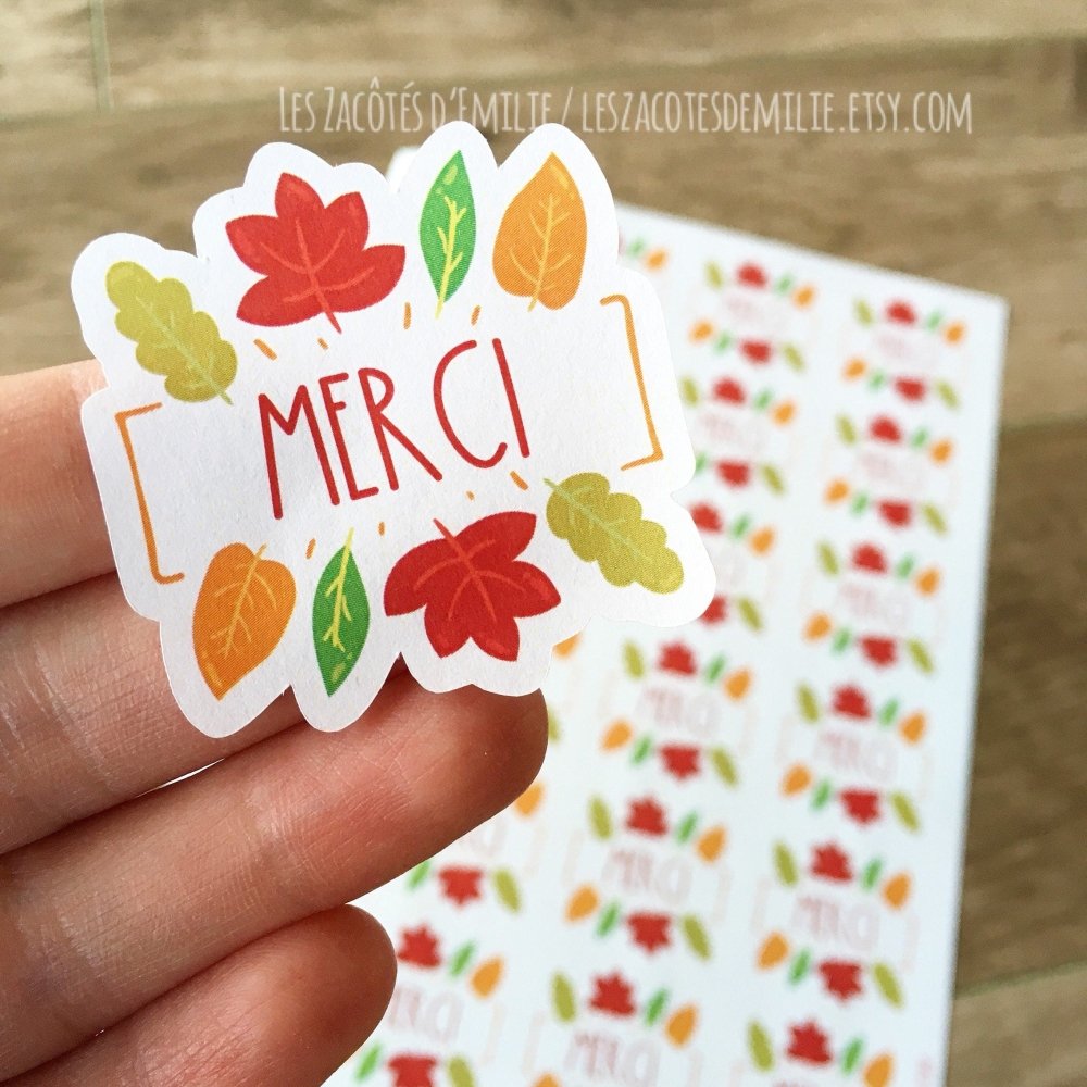 Autocollants en papier "Merci" avec feuilles d'automne - Les Zacôtés d’Emilie