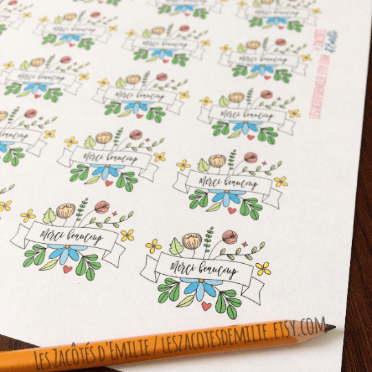 Autocollants en papier "Merci beaucoup" avec bouquets de fleurs - Les Zacôtés d’Emilie