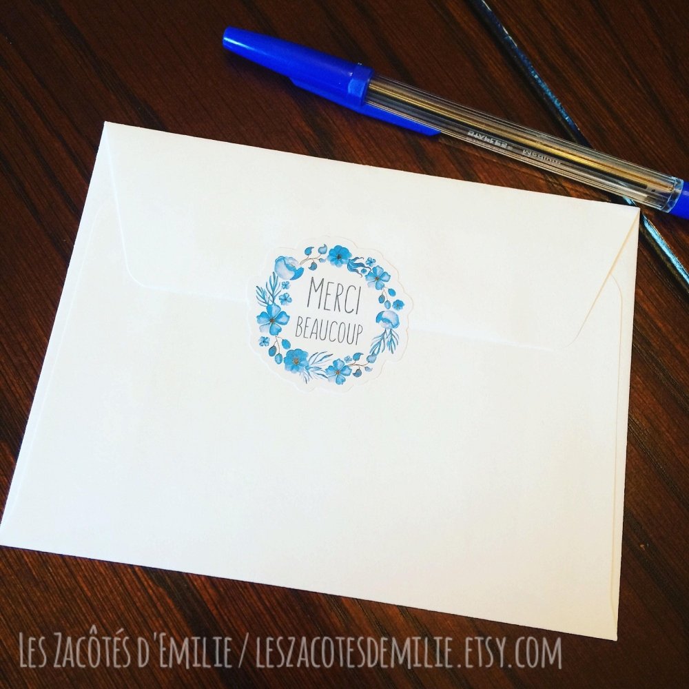 Autocollants en papier "Merci beaucoup" avec couronne de fleurs bleues - Les Zacôtés d’Emilie