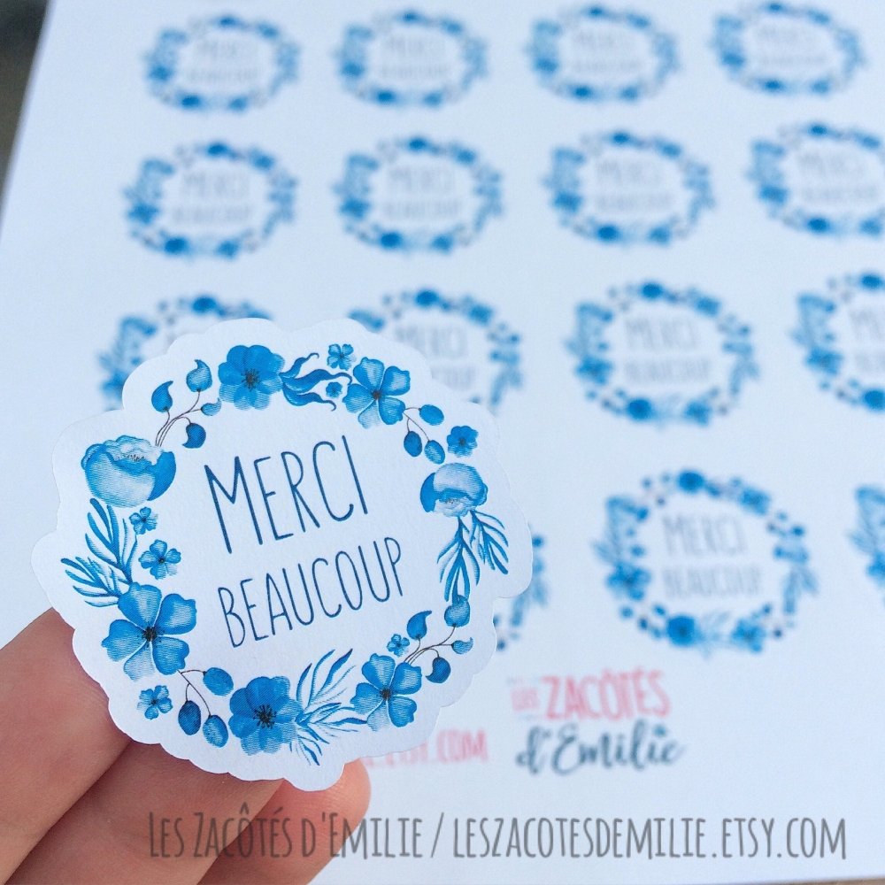 Autocollants en papier "Merci beaucoup" avec couronne de fleurs bleues - Les Zacôtés d’Emilie