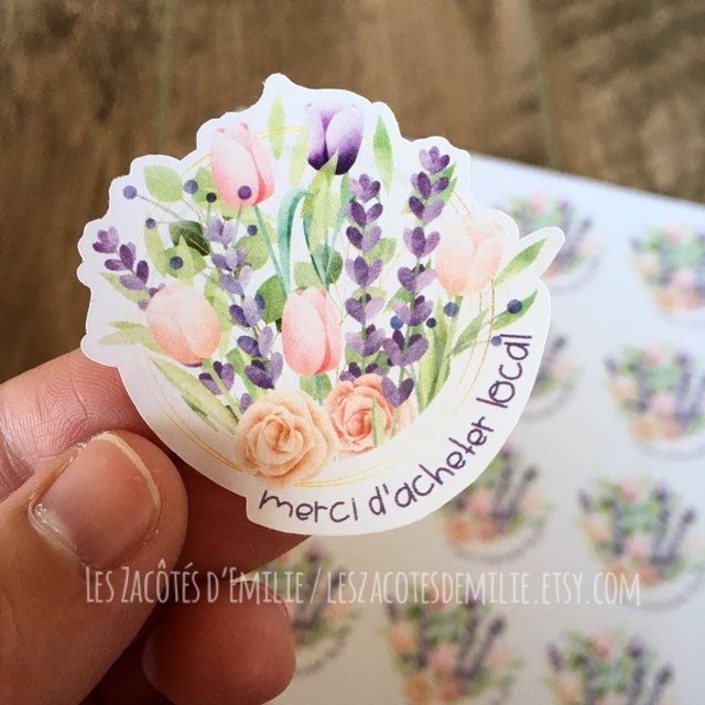 Autocollants en papier "Merci d'acheter local" avec bouquet de tulipes - Les Zacôtés d’Emilie