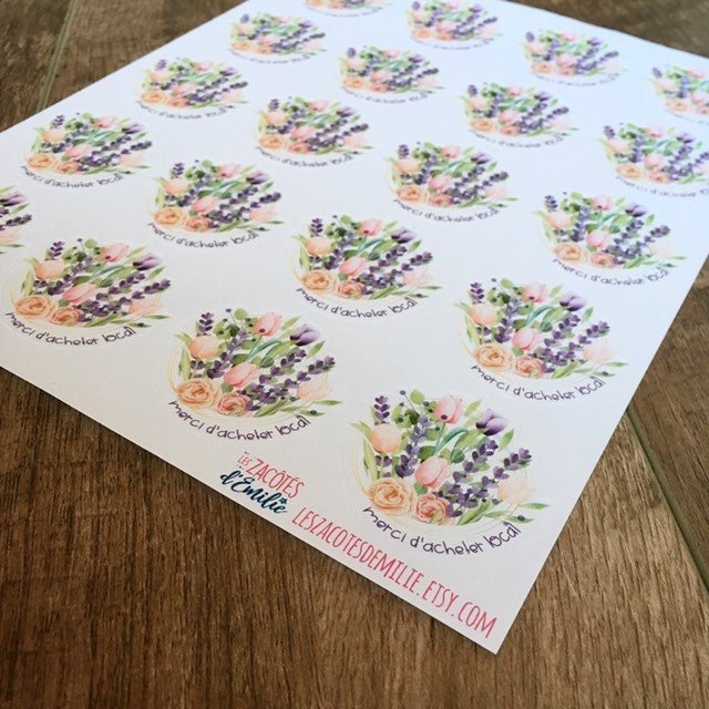 Autocollants en papier "Merci d'acheter local" avec bouquet de tulipes - Les Zacôtés d’Emilie