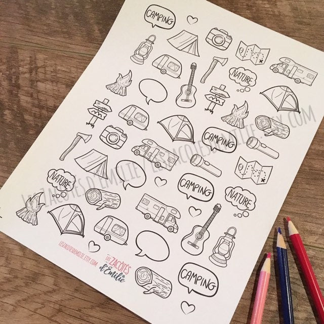 Lot d'autocollants à colorier au thème de camping - Les Zacôtés d’Emilie