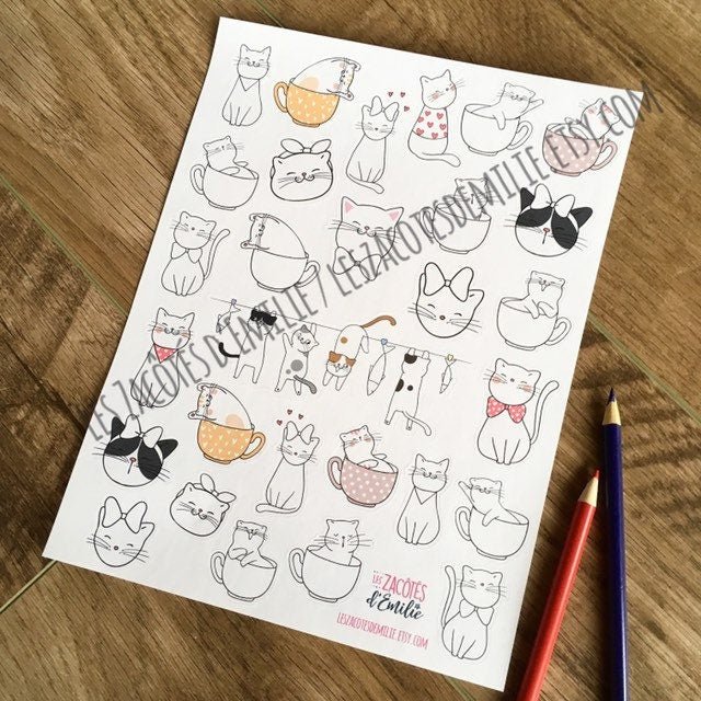 Lot d'autocollants à colorier au thème de chat - Les Zacôtés d’Emilie