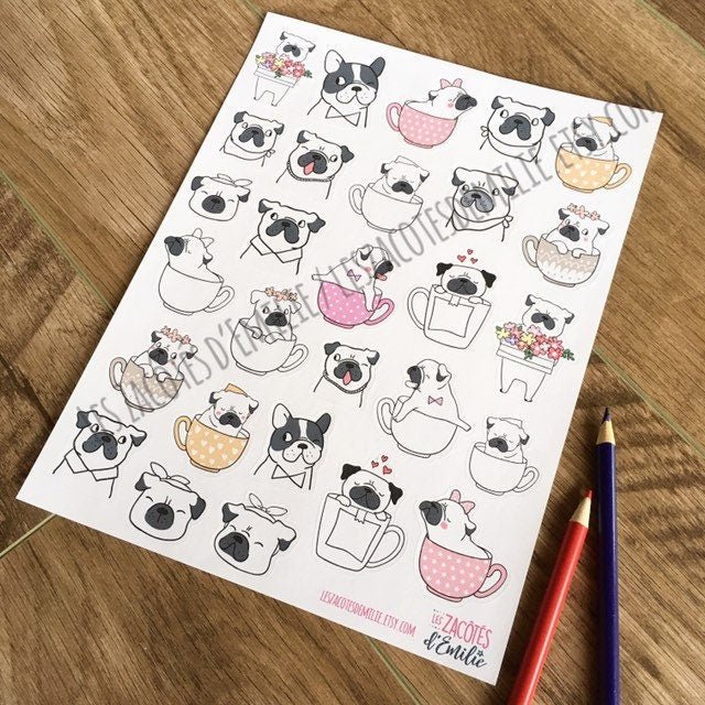 Lot d'autocollants à colorier au thème de pug - Les Zacôtés d’Emilie