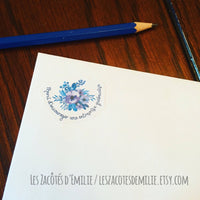 Autocollants en papier "Merci d'encourager une entreprise québécoise" avec de fleurs bleues et mauves - Les Zacôtés d’Emilie