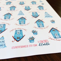 Autocollants en papiers "Joyeux temps des fêtes" avec maison bleue - Les Zacôtés d’Emilie